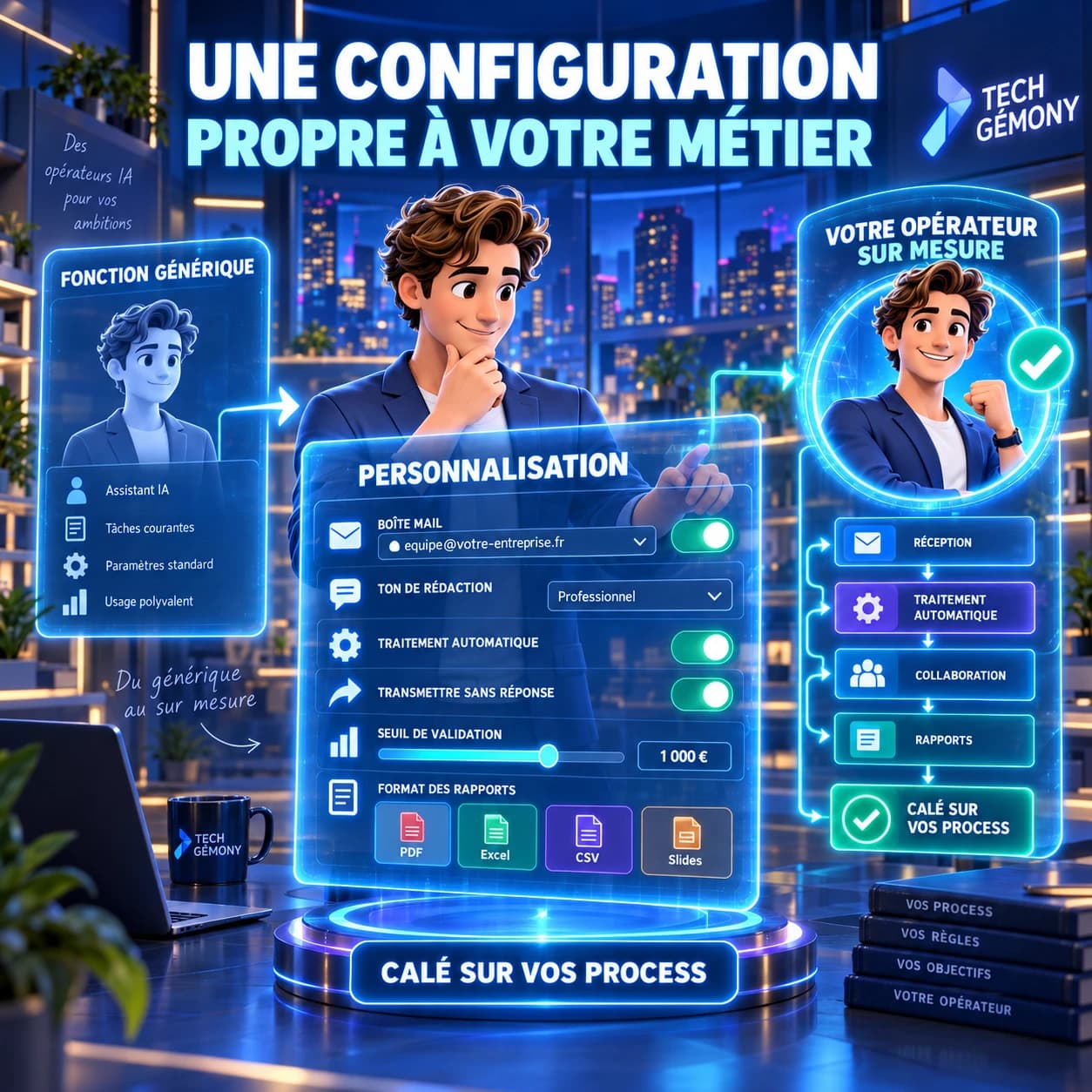 An AI operator's configuration screen: name, writing tone, processing rules and custom thresholds