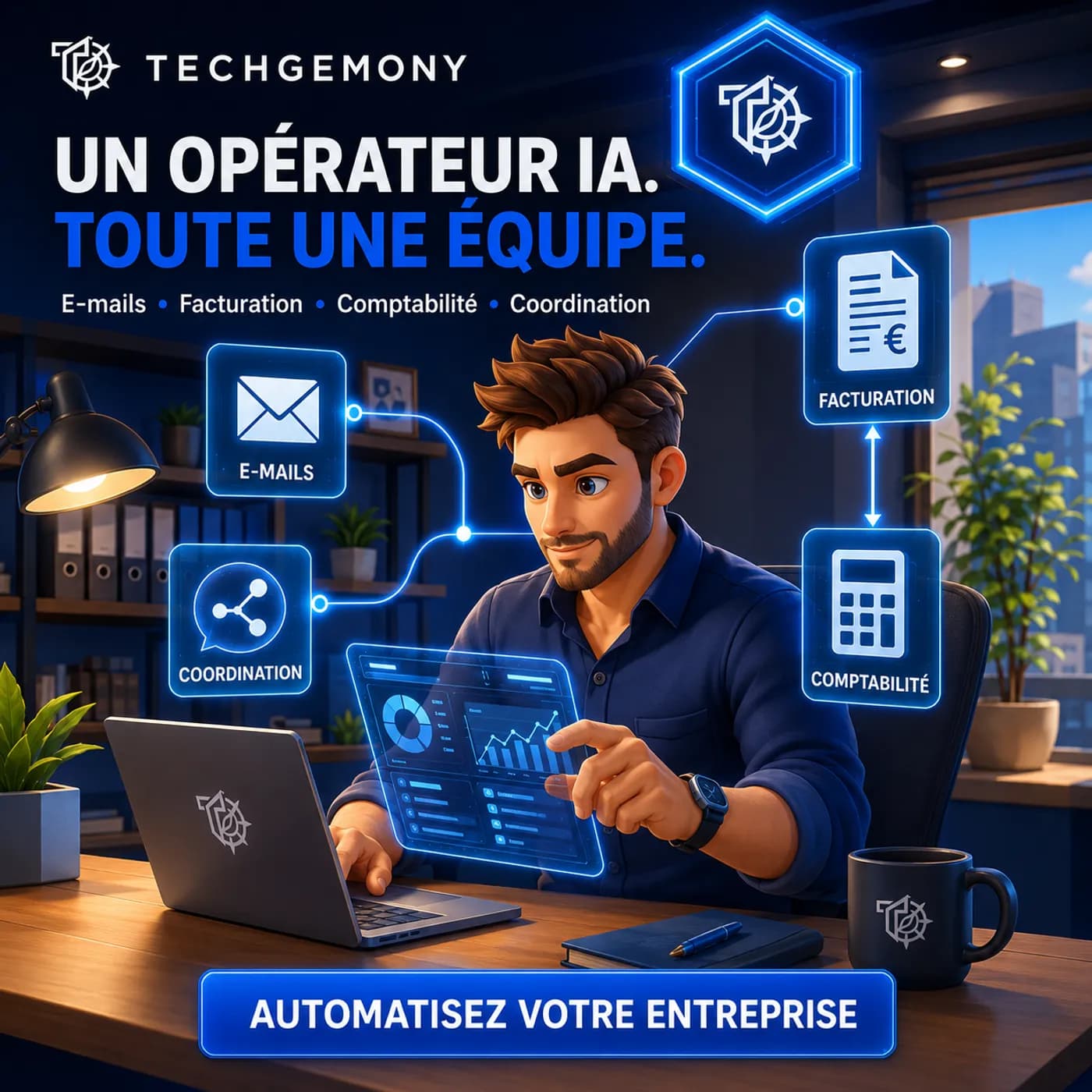 An AI operator connected to several business functions: email, invoicing, accounting, coordination