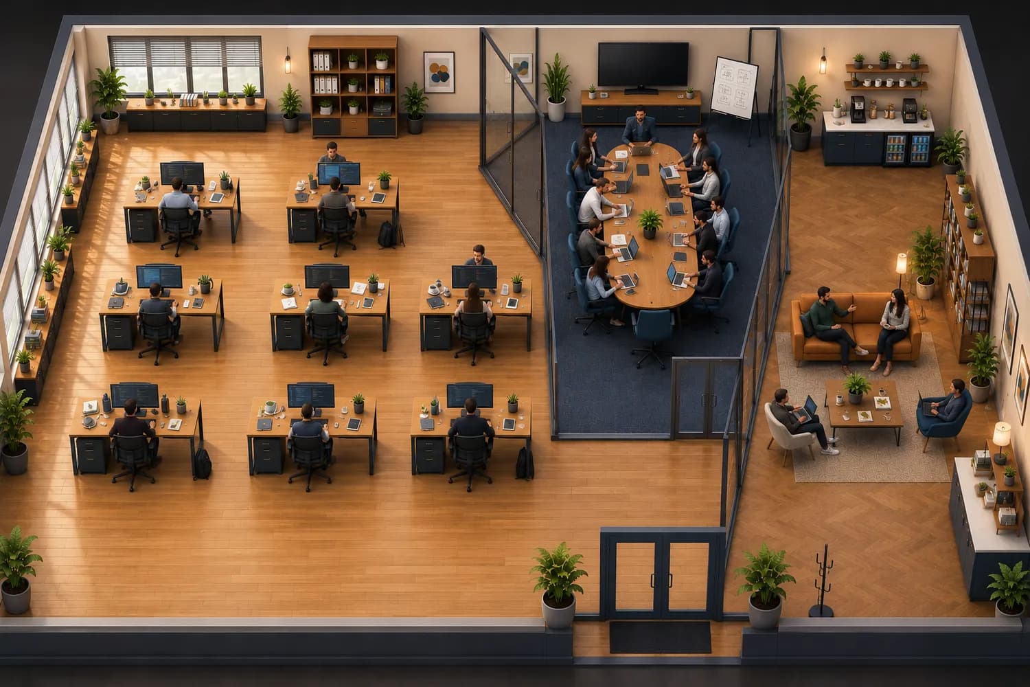 AI operators at work in their workspace: occupied desks, a meeting under way, lounge area