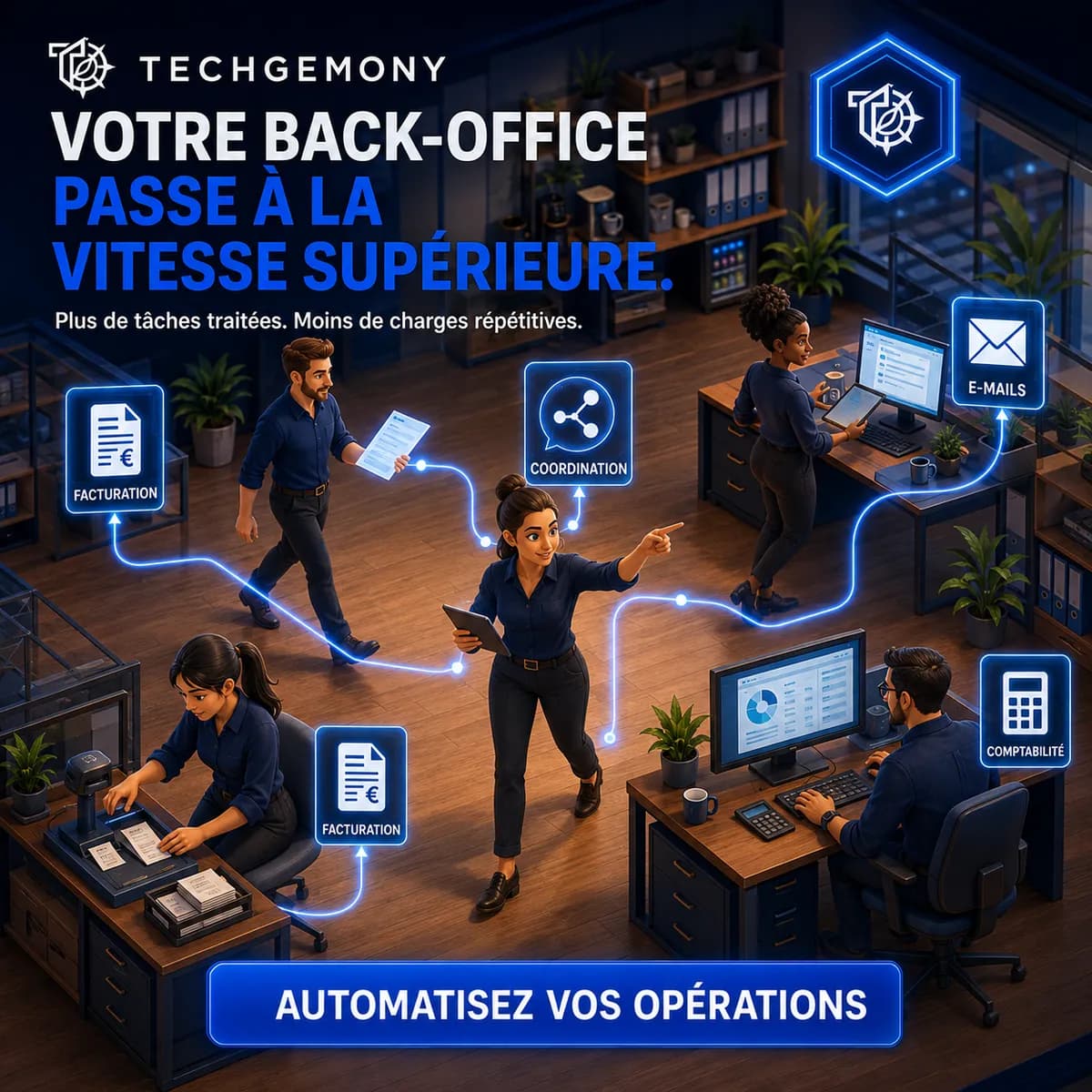 A company back office run by several AI operators at work
